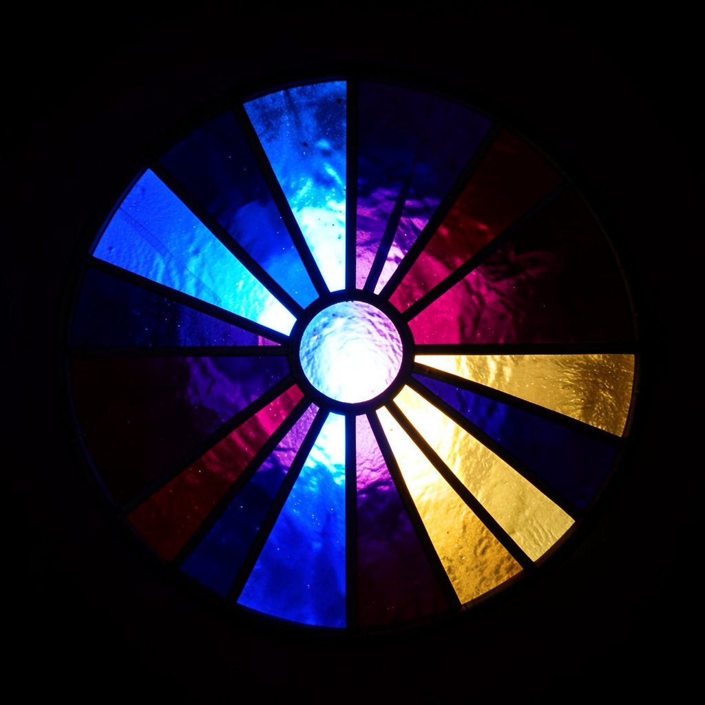 Stained-glass circular emblem with bold leaded segments in deep indigo, ruby, and gold, radiating outward like a sunrise